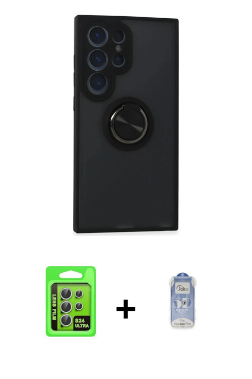 ieg™ Galaxy S24 Ultra Kılıf Yörünge Çizgi - Siyah Joko Magic 5D Cam + Gümüş Raze Metal Kamera Lens
