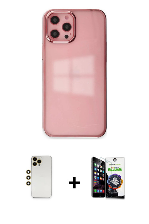 ieg™ iPhone 12 Pro Max Kılıf Doruk Doku Prime - Şeffaf Temperli Cam Ekran Koruyucu + Gold Shine Kame