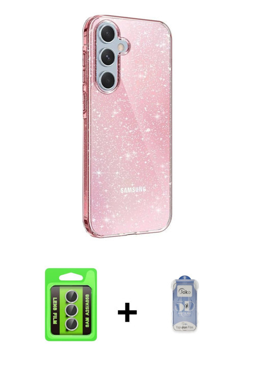 ieg™ Galaxy A25 5G Kılıf Yankı Doku Prime - Siyah Joko Magic 5D Cam + Gümüş Raze Metal Kamera Lens