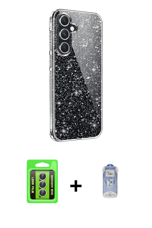 ieg™ Galaxy A25 5G Kılıf Yankı Doku Prime - Siyah Joko Magic 5D Cam + Gümüş Raze Metal Kamera Lens
