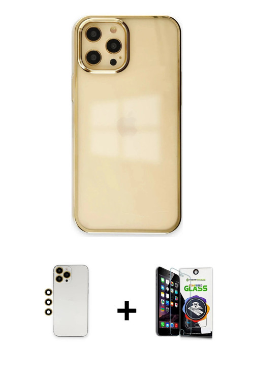 ieg™ iPhone 12 Pro Max Kılıf Doruk Doku Prime - Şeffaf Temperli Cam Ekran Koruyucu + Gold Shine Kame