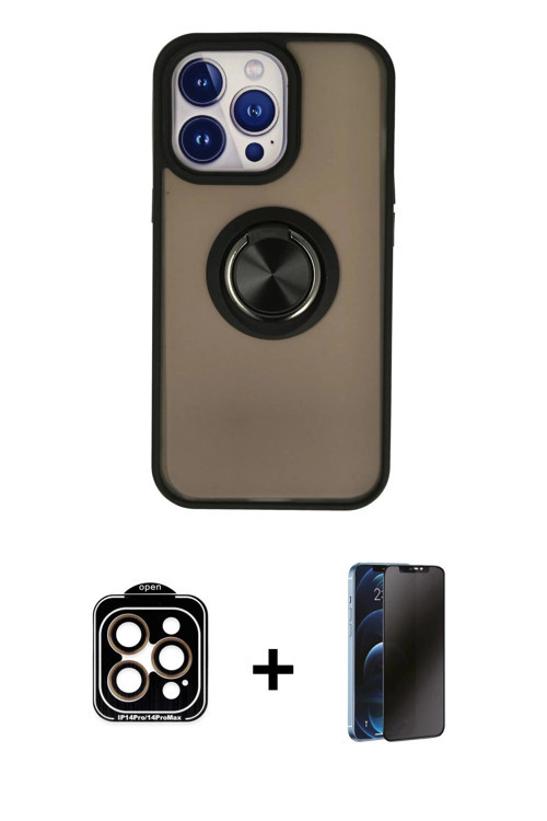 ieg™ iPhone 15 Pro Max Kılıf Yörünge Çizgi - Siyah 3D Antistatik Hayalet Cam Ekran Koruyucu + Turunc