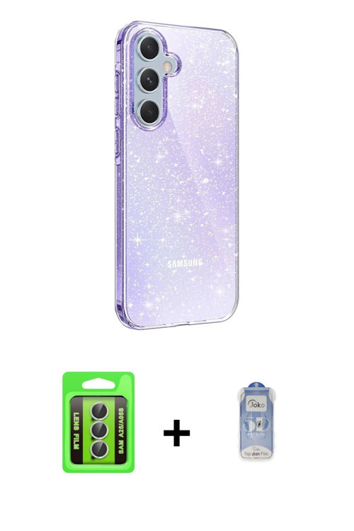 ieg™ Galaxy A25 5G Kılıf Yankı Doku Prime - Siyah Joko Magic 5D Cam + Gümüş Raze Metal Kamera Lens