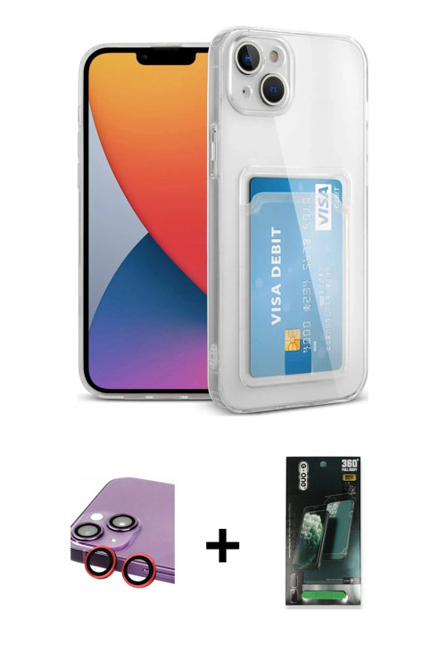 ieg™ iPhone 14 Kılıf Doruk Klasik Koleksiyonu - Şeffaf 360 Full Body Arka Koruyucu + Kırmızı Raze Me