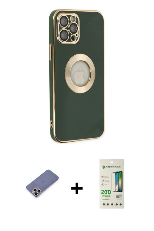 ieg™ iPhone 12 Pro Max Kılıf İz Form Serisi - Siyah 20D Premium Cam Ekran Koruyucu + Gold Metal Kame