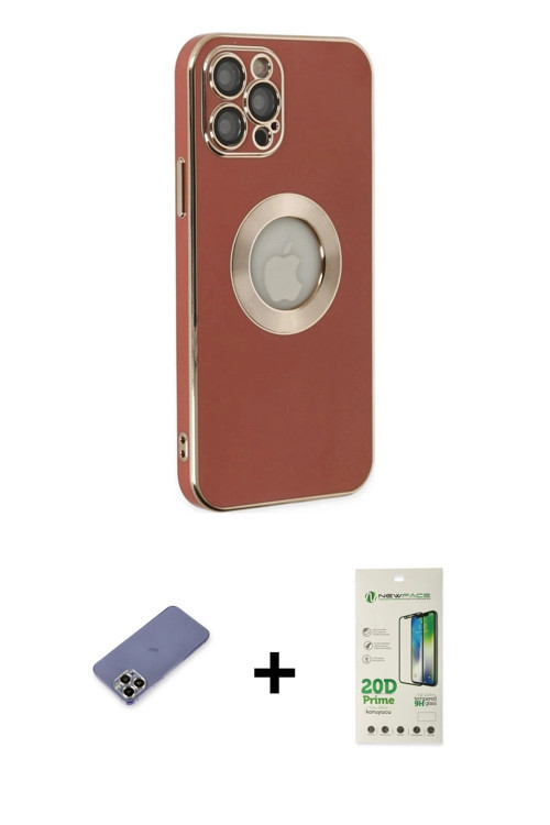 ieg™ iPhone 12 Pro Max Kılıf İz Form Serisi - Siyah 20D Premium Cam Ekran Koruyucu + Gold Metal Kame
