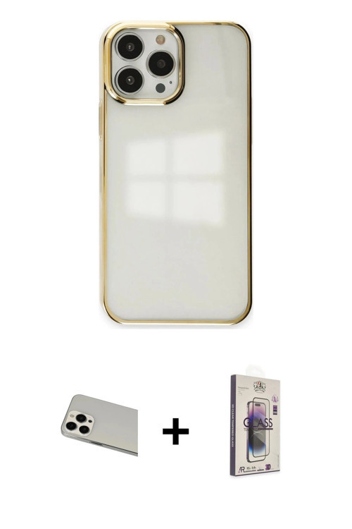 ieg™ iPhone 13 Pro Max Kılıf Doruk Doku Prime - Siyah Bilvis 3D Cam Ekran Koruyucu + Beyaz Rainbow K