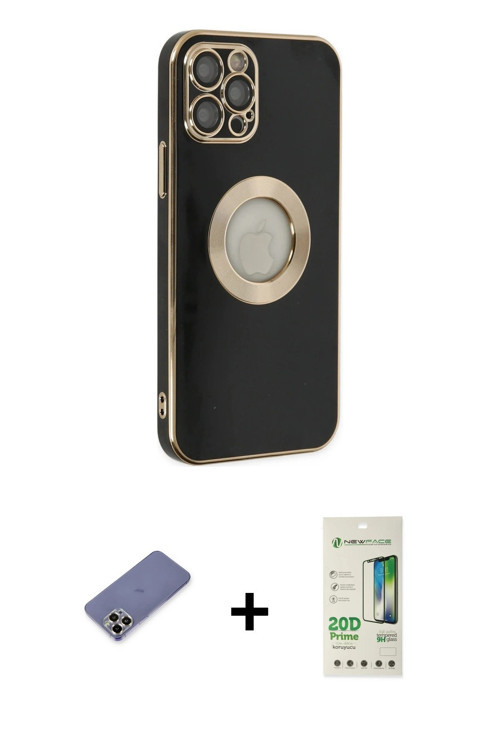 ieg™ iPhone 12 Pro Max Kılıf İz Form Serisi - Siyah 20D Premium Cam Ekran Koruyucu + Gold Metal Kame