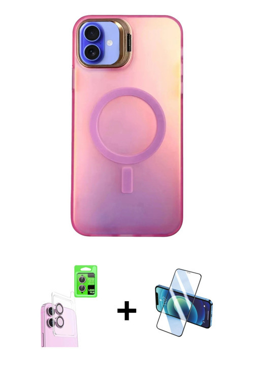 ieg™ iPhone 16 Plus Kılıf Doruk Klasik Prime - Siyah 3D Antistatik Cam Ekran Koruyucu + Pembe Raze M
