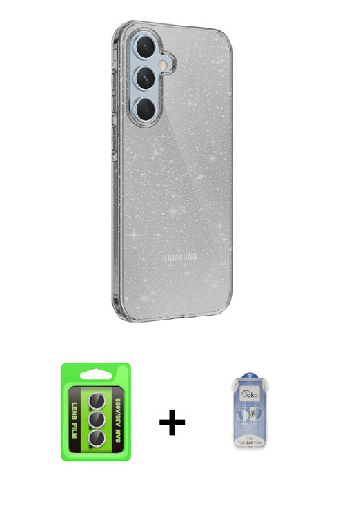 ieg™ Galaxy A25 5G Kılıf Yankı Doku Prime - Siyah Joko Magic 5D Cam + Gümüş Raze Metal Kamera Lens