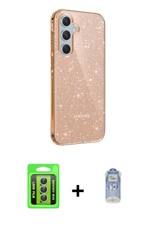 ieg™ Galaxy A25 5G Kılıf Yankı Doku Prime - Siyah Joko Magic 5D Cam + Gümüş Raze Metal Kamera Lens
