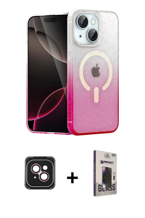 ieg™ iPhone 14 Kılıf Eksen Minimal Özel Seri - Siyah Bilvis Hayalet Cam Ekran Koruyucu + Pembe PVD M