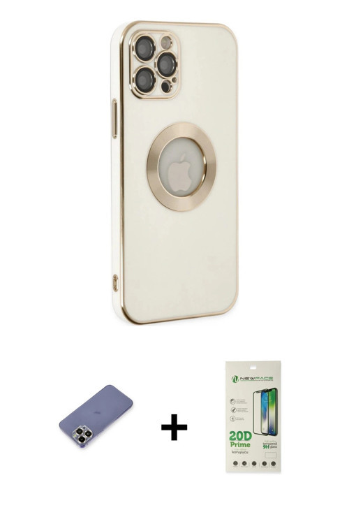 ieg™ iPhone 12 Pro Max Kılıf İz Form Serisi - Siyah 20D Premium Cam Ekran Koruyucu + Gold Metal Kame