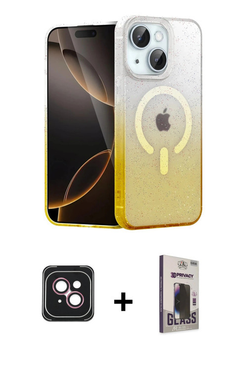 ieg™ iPhone 14 Kılıf Eksen Minimal Özel Seri - Siyah Bilvis Hayalet Cam Ekran Koruyucu + Pembe PVD M