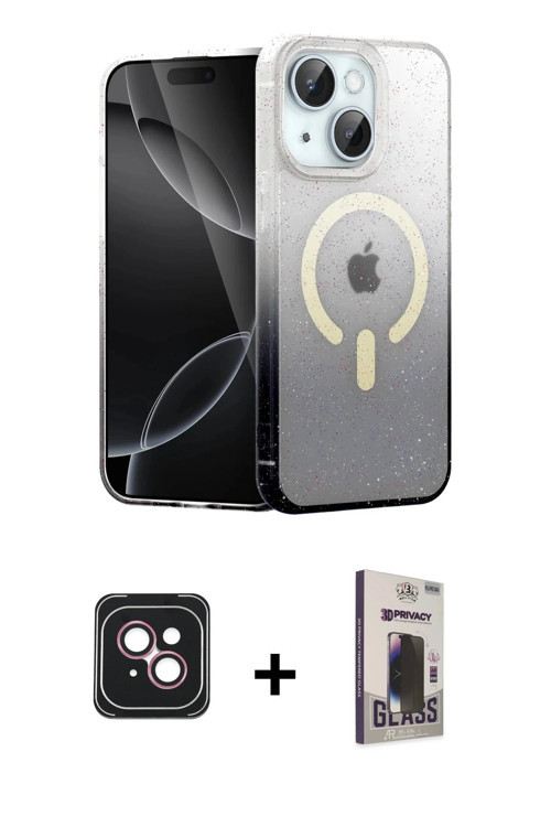 ieg™ iPhone 14 Kılıf Eksen Minimal Özel Seri - Siyah Bilvis Hayalet Cam Ekran Koruyucu + Pembe PVD M