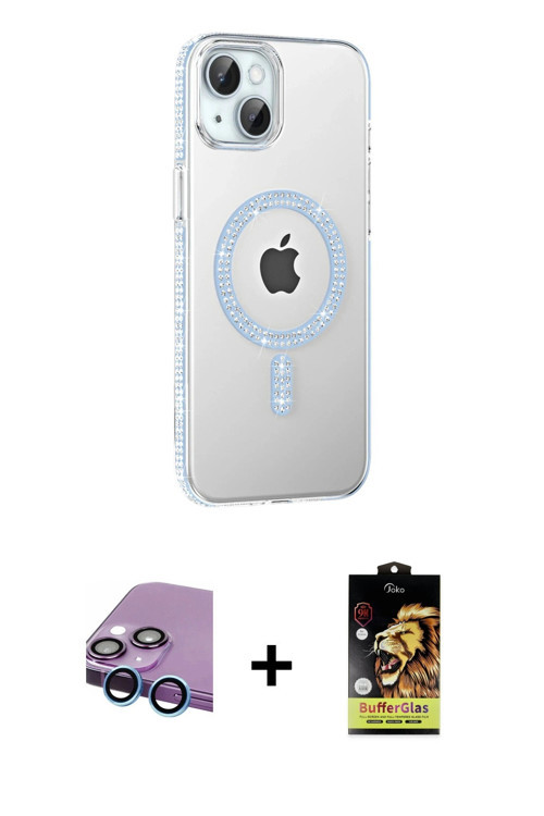 ieg™ iPhone 14 Kılıf Yörünge Koleksiyonu - Siyah Buffer Cam Ekran Koruyucu + Mavi Raze Metal Kamera