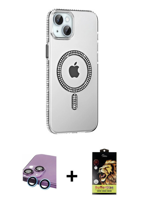 ieg™ iPhone 14 Kılıf Yörünge Koleksiyonu - Siyah Buffer Cam Ekran Koruyucu + Mavi Raze Metal Kamera