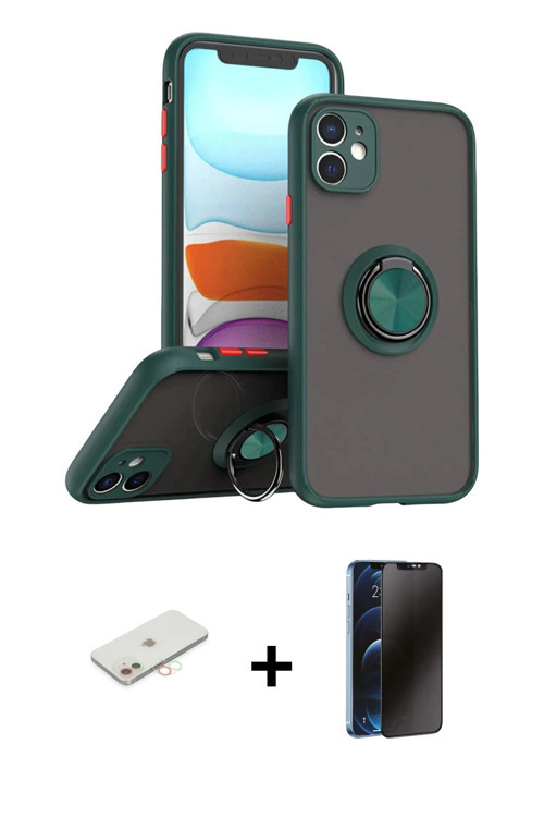 ieg™ iPhone 11 Kılıf Yörünge Çizgi - Siyah 3D Antistatik Hayalet Cam Ekran Koruyucu + Yeşil Renkli K