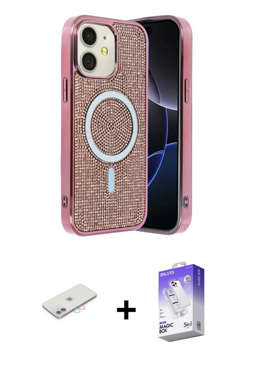 ieg™ iPhone 11 Kılıf Eksen Çizgi - Siyah Bilvis 5in1 3D Magic Cam Ekran Koruyucu + Pembe Renkli Kame