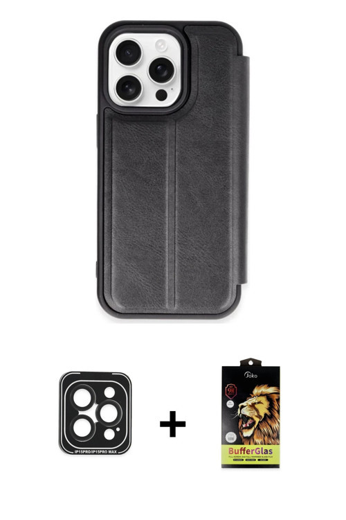 ieg™ iPhone 15 Pro Max Kılıf Zirve Yansıma Serisi - Siyah Buffer Cam Ekran Koruyucu + Siyah PVD Meta