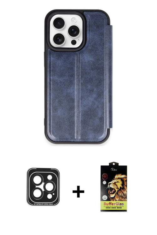 ieg™ iPhone 15 Pro Max Kılıf Zirve Yansıma Serisi - Siyah Buffer Cam Ekran Koruyucu + Siyah PVD Meta