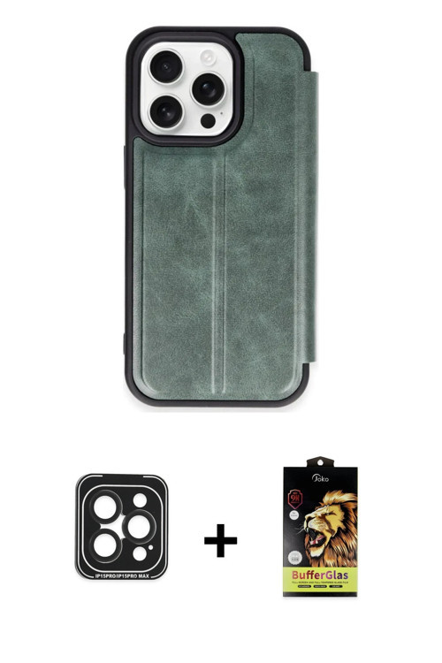 ieg™ iPhone 15 Pro Max Kılıf Zirve Yansıma Serisi - Siyah Buffer Cam Ekran Koruyucu + Siyah PVD Meta