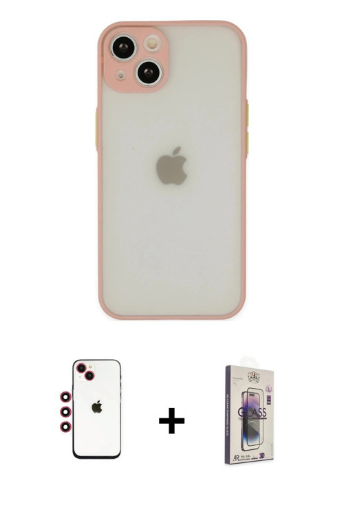 ieg™ iPhone 14 Kılıf Ahenk Çizgi Serisi - Siyah Bilvis 3D Cam Ekran Koruyucu + Kırmızı Shine Kamera