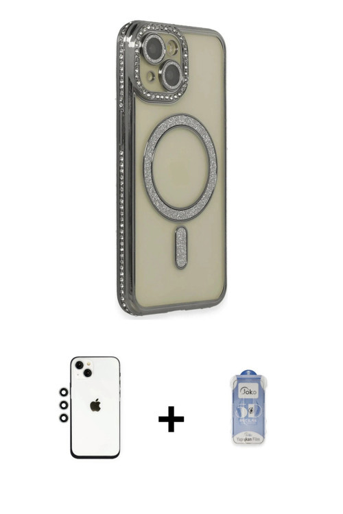 ieg™ iPhone 14 Kılıf Zirve Doku Prime - Siyah Joko Magic 5D Cam + Gümüş Shine Kamera Lens