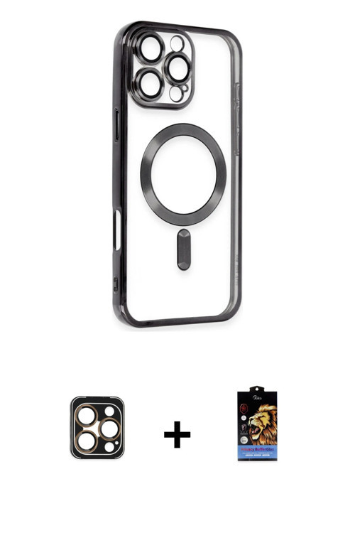 ieg™ iPhone 16 Pro Max Kılıf Nova Işık Özel Seri - Siyah Buffer Hayalet Cam Ekran Koruyucu + Gold PV