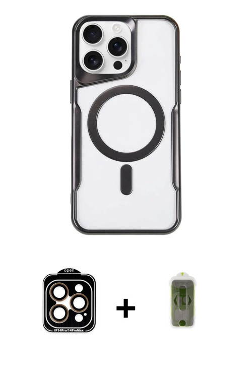 ieg™ iPhone 15 Pro Max Kılıf Yadigar Klasik Özel Seri - Siyah Joko Magic 5D Hayalet Cam + Turuncu PV