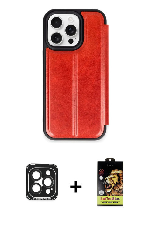 ieg™ iPhone 15 Pro Max Kılıf Zirve Yansıma Serisi - Siyah Buffer Cam Ekran Koruyucu + Siyah PVD Meta