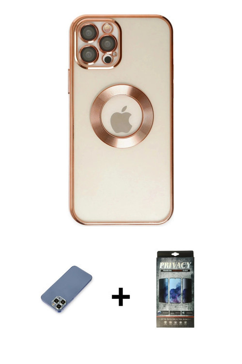 ieg™ iPhone 12 Pro Kılıf Pusula Form - Siyah 34D Hayalet Izgaralı Cam + Açık Yeşil Metal Kamera Lens