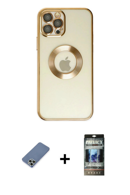 ieg™ iPhone 12 Pro Kılıf Pusula Form - Siyah 34D Hayalet Izgaralı Cam + Açık Yeşil Metal Kamera Lens