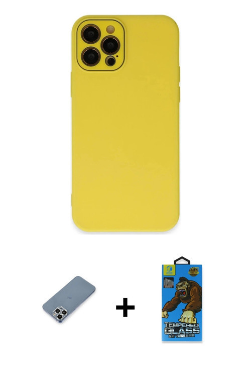 ieg™ iPhone 12 Pro Max Kılıf Çekirdek Modern Serisi - Siyah 18D Cam Ekran Koruyucu + Gümüş Metal Kam