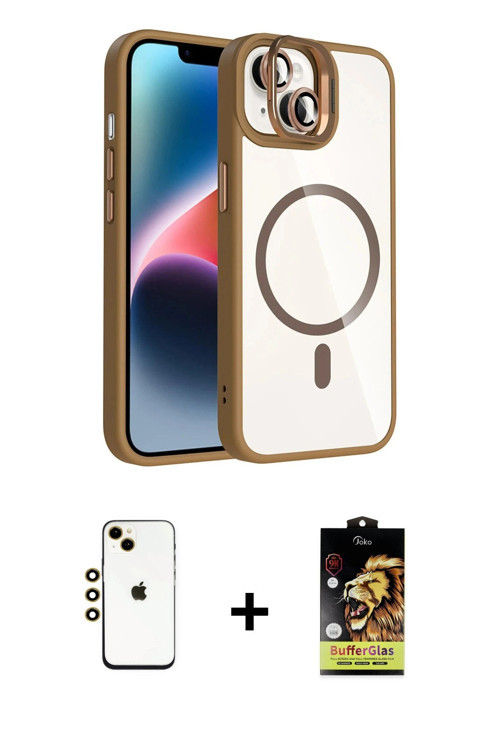 ieg™ iPhone 14 Kılıf Yadigar Asil Koleksiyonu - Siyah Buffer Cam Ekran Koruyucu + Gold Shine Kamera