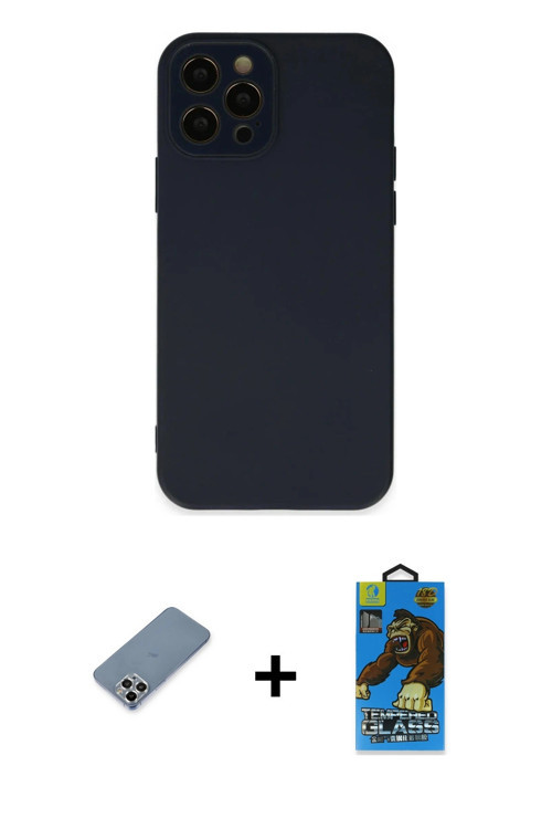 ieg™ iPhone 12 Pro Max Kılıf Çekirdek Modern Serisi - Siyah 18D Cam Ekran Koruyucu + Gümüş Metal Kam
