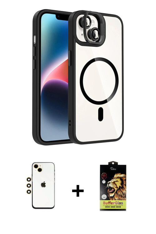 ieg™ iPhone 14 Kılıf Yadigar Asil Koleksiyonu - Siyah Buffer Cam Ekran Koruyucu + Gold Shine Kamera