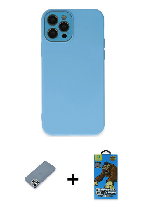 ieg™ iPhone 12 Pro Max Kılıf Çekirdek Modern Serisi - Siyah 18D Cam Ekran Koruyucu + Gümüş Metal Kam