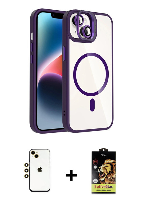 ieg™ iPhone 14 Kılıf Yadigar Asil Koleksiyonu - Siyah Buffer Cam Ekran Koruyucu + Gold Shine Kamera