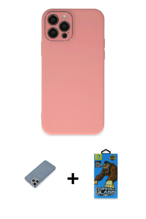 ieg™ iPhone 12 Pro Max Kılıf Çekirdek Modern Serisi - Siyah 18D Cam Ekran Koruyucu + Gümüş Metal Kam