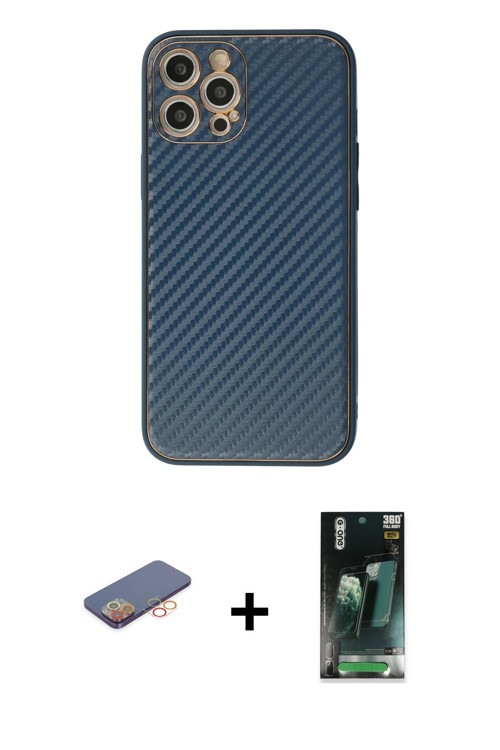 ieg™ iPhone 12 Pro Kılıf Ahenk Işık - Siyah 360 Mat Full Body Arka Koruyucu + Turuncu Renkli Kamera