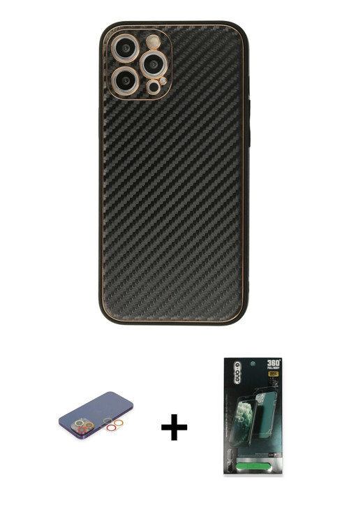 ieg™ iPhone 12 Pro Kılıf Ahenk Işık - Siyah 360 Mat Full Body Arka Koruyucu + Turuncu Renkli Kamera