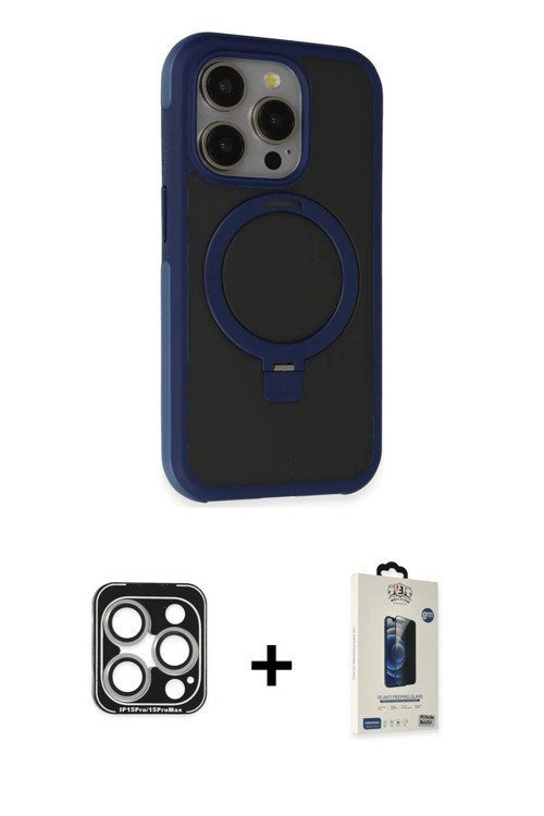 iPhone 15 Pro Max Kılıf Ahenk Yansıma Özel Seri - Siyah Bilvis Hayalet Cam Ekran Koruyucu + Güm