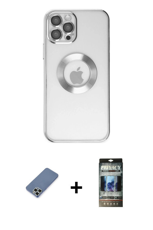 ieg™ iPhone 12 Pro Kılıf Pusula Form - Siyah 34D Hayalet Izgaralı Cam + Açık Yeşil Metal Kamera Lens