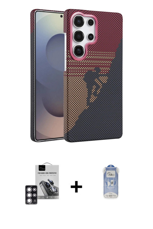 ieg™ Galaxy S24 Ultra Kılıf Doruk Serisi - Siyah Joko Magic 5D Cam + Pembe PVD Metal Kamera Lens