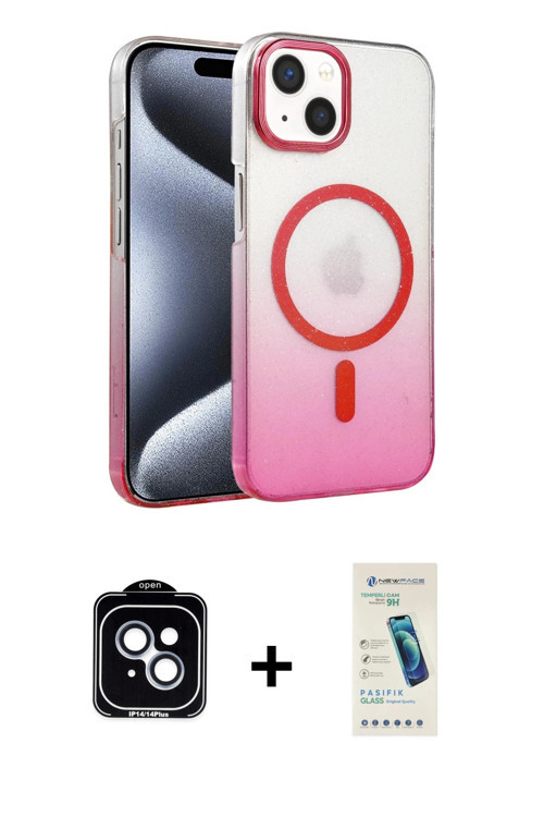 ieg™ iPhone 14 Kılıf Ahenk Doku Özel Seri - Şeffaf Pasifik Cam Ekran Koruyucu + Mavi PVD Metal Kamer