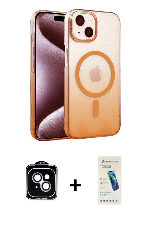 ieg™ iPhone 14 Kılıf Ahenk Doku Özel Seri - Şeffaf Pasifik Cam Ekran Koruyucu + Mavi PVD Metal Kamer