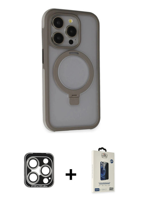 iPhone 15 Pro Max Kılıf Ahenk Yansıma Özel Seri - Siyah Bilvis Hayalet Cam Ekran Koruyucu + Güm