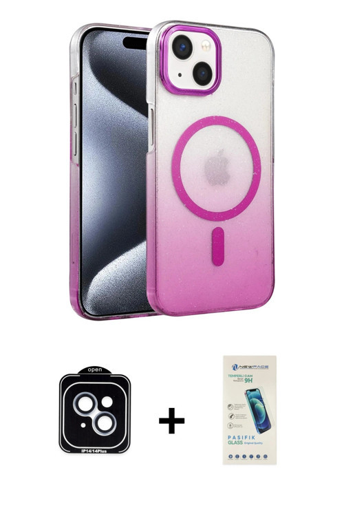 ieg™ iPhone 14 Kılıf Ahenk Doku Özel Seri - Şeffaf Pasifik Cam Ekran Koruyucu + Mavi PVD Metal Kamer