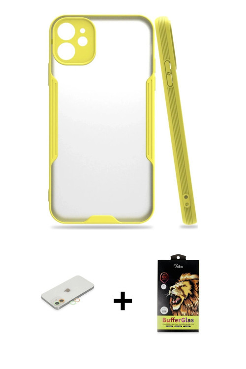 ieg™ iPhone 11 Kılıf Atlas Asil Serisi - Siyah Buffer Cam Ekran Koruyucu + Turuncu Renkli Kamera Len